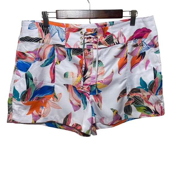 La Blanca Pants - La Blanca White Tropical Floral Lace Up Mid Waisted Shorts Womens XL
